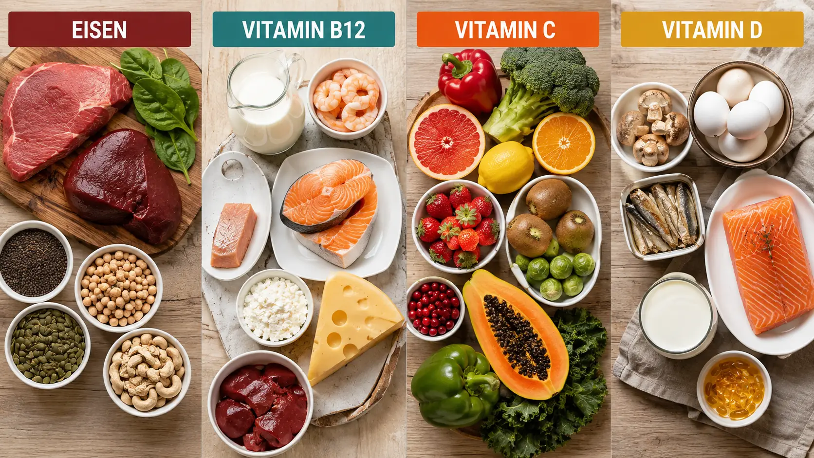 Was bei Müdigkeit hilft: Lebensmittel mit Eisen, Vitamin B12, Vitamin C und Vitamin D im Überblick