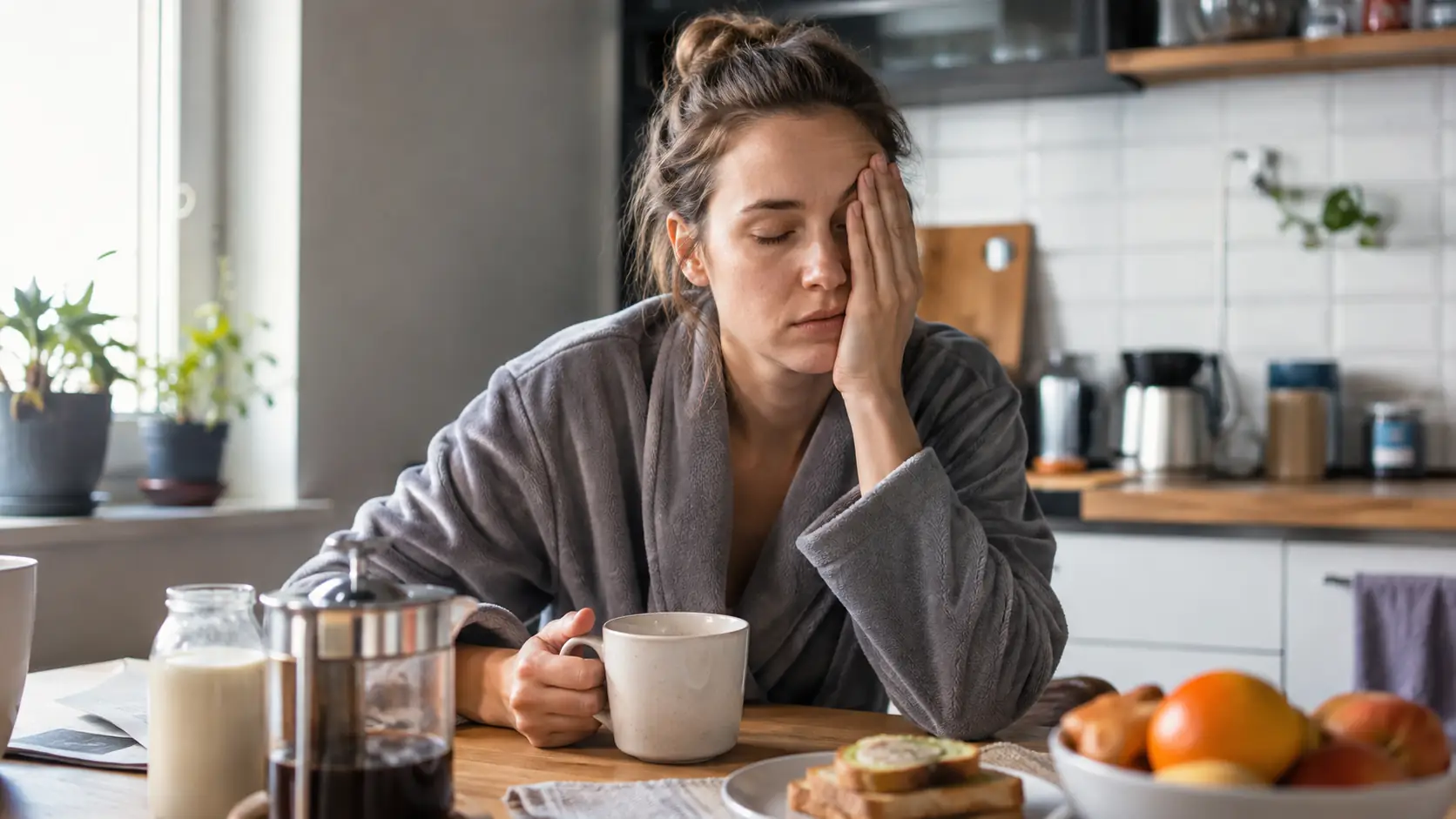 Was hilft gegen Müdigkeit: Erschöpfte Person sitzt morgens müde mit einer Tasse Kaffee am Frühstückstisch