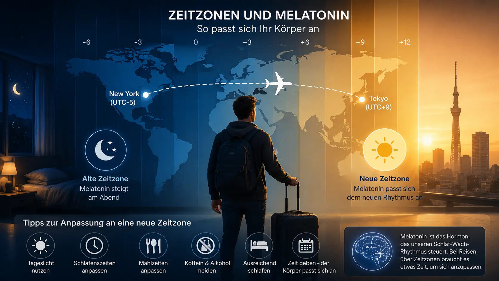 Weltkarte mit Zeitzonen und reisender Person zur Erklärung von Jetlag bei Melatonin einfach erklärt