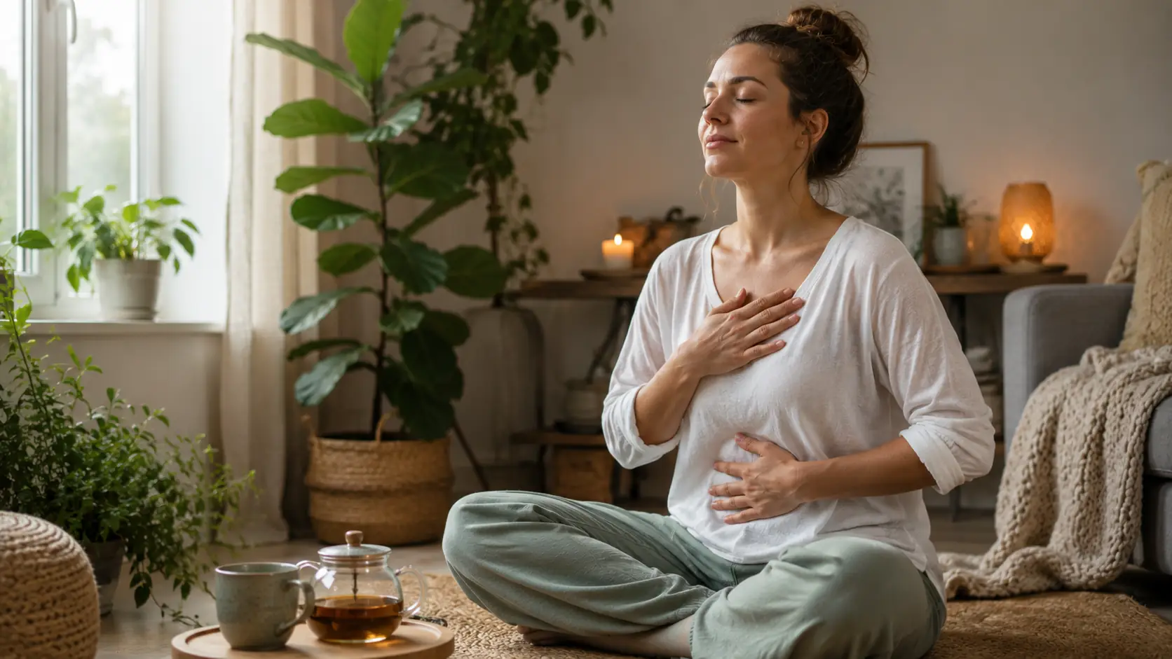 Tipps gegen Müdigkeit: Person bei einer Atemübung oder Meditation mit einer Tasse Tee in ruhiger Atmosphäre