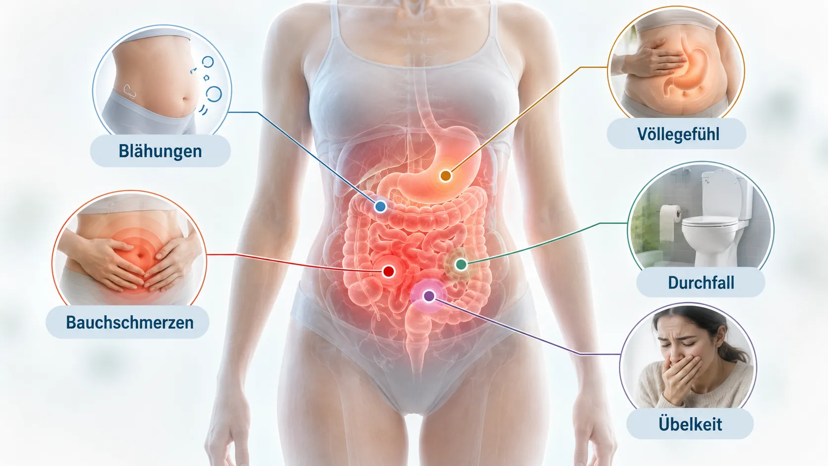 wie äußert sich Laktoseintoleranz: Dezente Infografik mit Blähungen, Bauchschmerzen, Völlegefühl, Durchfall und Übelkeit.