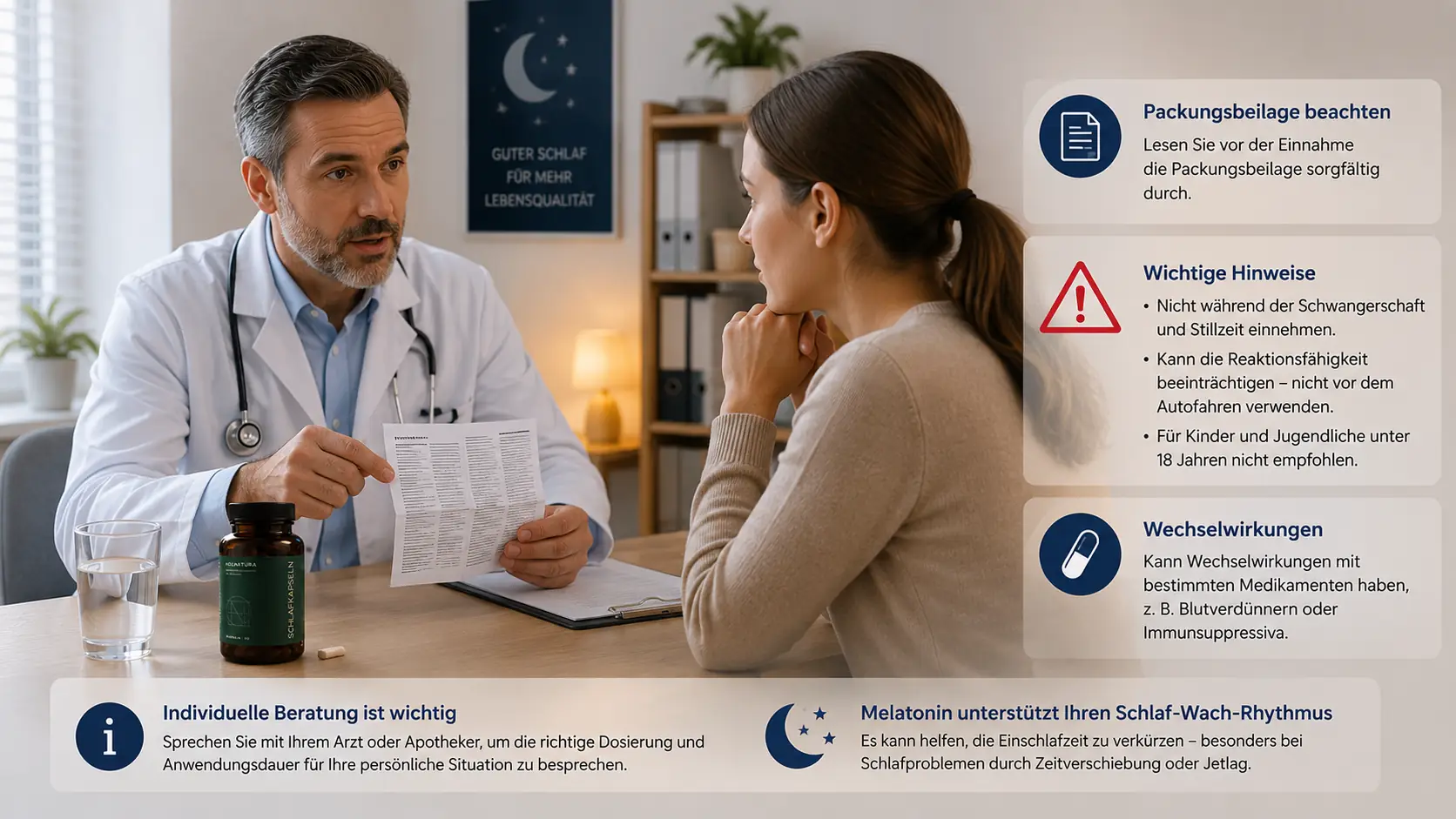 Arztgespräch mit Patient sowie Medikamentenhinweisen und Warnsymbolen rund um Melatonin einfach erklärt