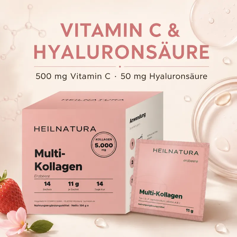 Vitamin C, Hyaluronsäure, Multikollagen, Erdbeere, Nahrungsergänzungsmittel