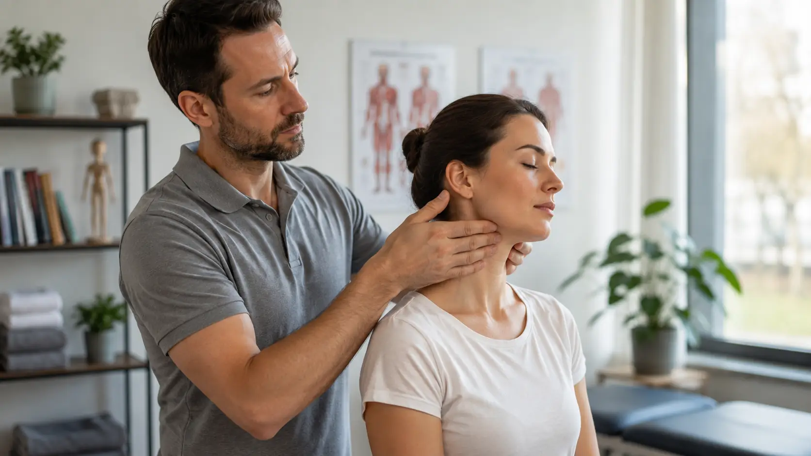 Physiotherapeut untersucht Kiefer und Nacken ergänzend zu möglichen Hausmittel bei Tinnitus