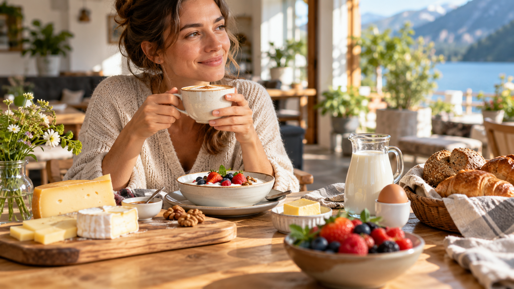 Laktoseintoleranz: Positive Frühstücksszene mit Milchkaffee, Joghurt und weiteren Milchprodukten auf dem Tisch.,  Frühstück,  Kaffee,  Beeren,  Käse,  Brot