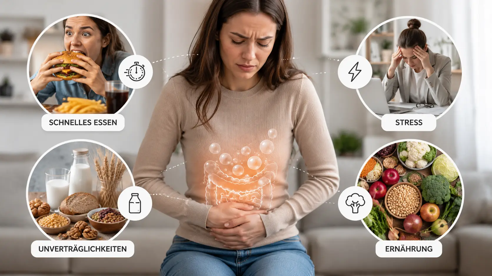 Collage mit typischen Ursachen wie Stress, schnellem Essen, Ernährung und Unverträglichkeiten für Blähbauch loswerden
