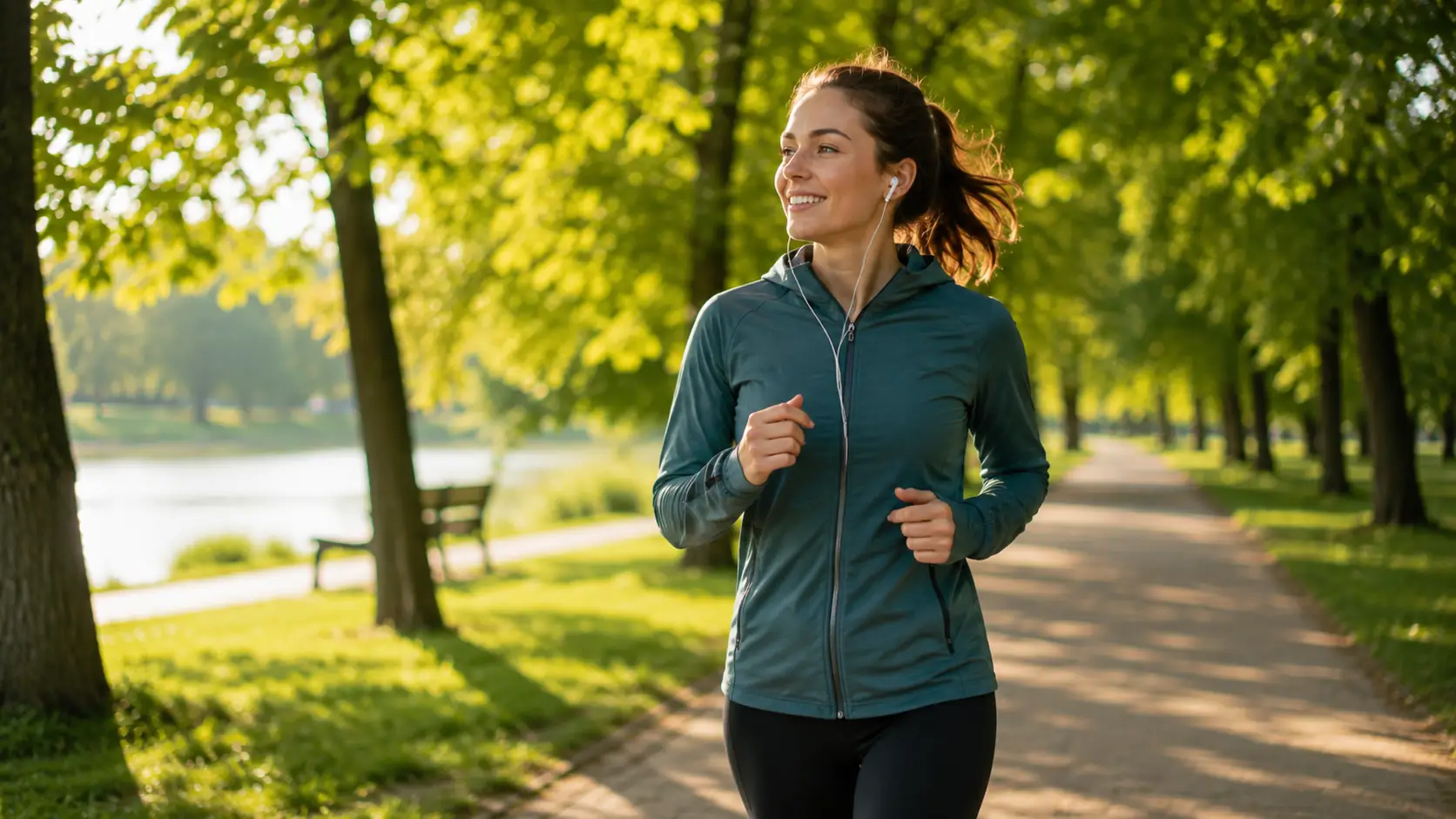Tipps gegen Müdigkeit: Spaziergang oder leichtes Joggen im Park bei Tageslicht für mehr Bewegung im Alltag