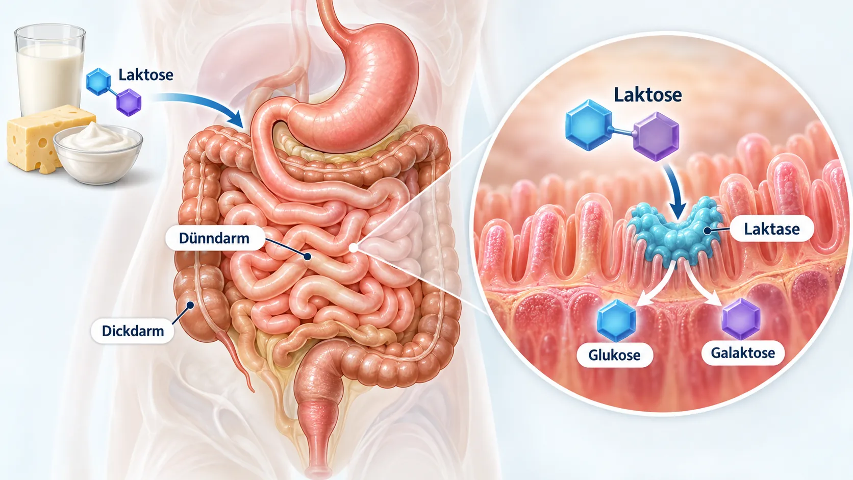 was ist Laktoseintoleranz: Vereinfachte medizinische Illustration des Verdauungswegs mit Aufspaltung von Laktose durch Laktase.