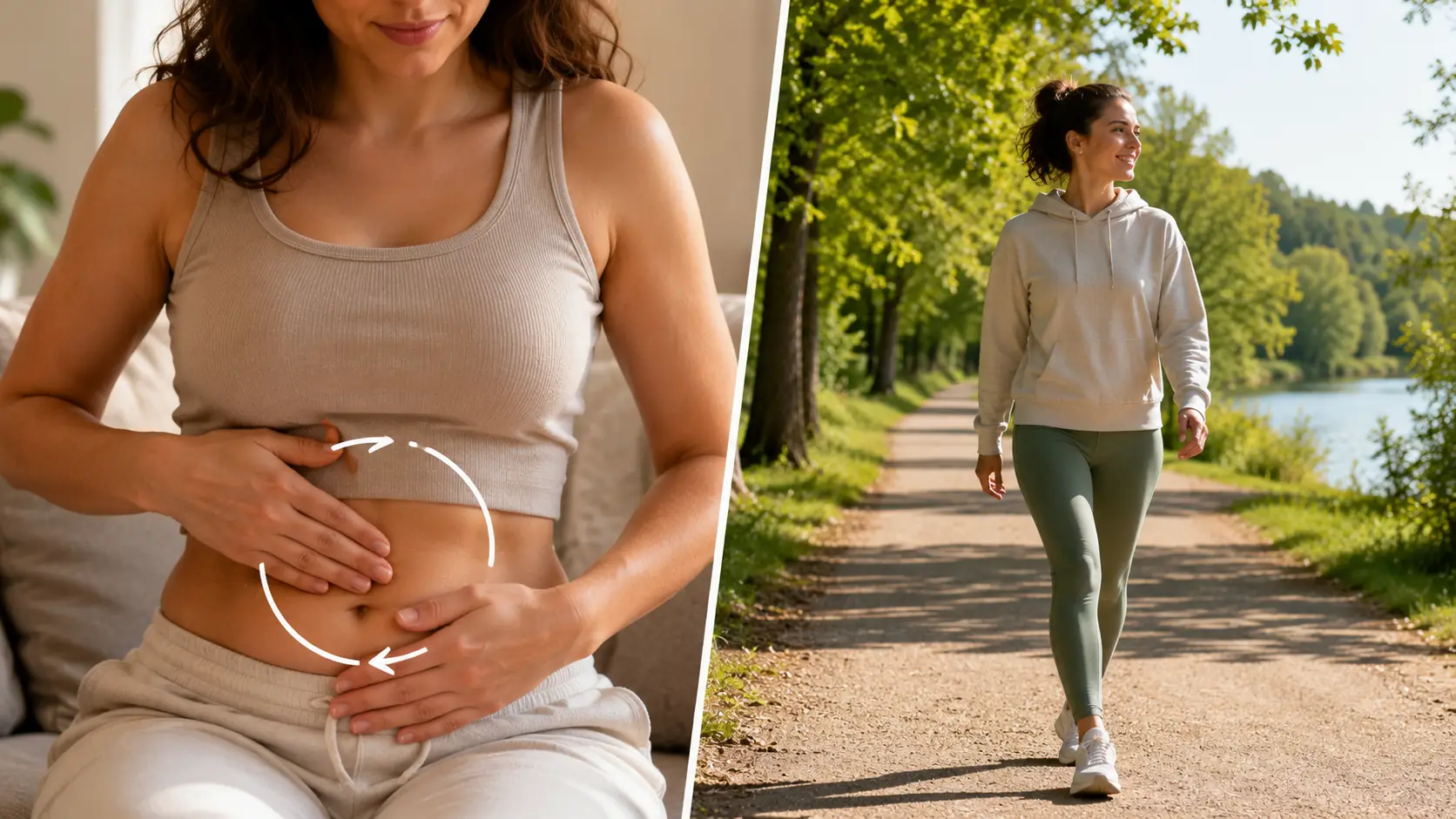Sanfte Bauchmassage im Uhrzeigersinn kombiniert mit einem Spaziergang als Hilfe beim Blähbauch loswerden