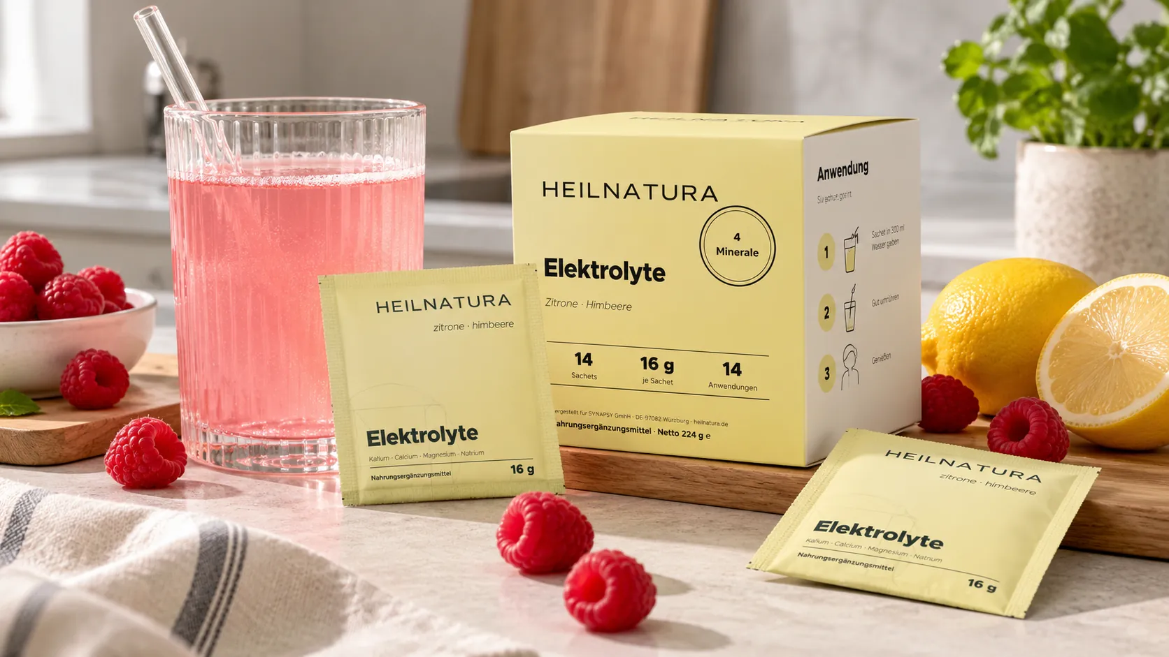 Elektrolyte Pulver von Heilnatura mit Sachets, Zitrone-Himbeere-Getränk, Zitronenscheiben und Himbeeren