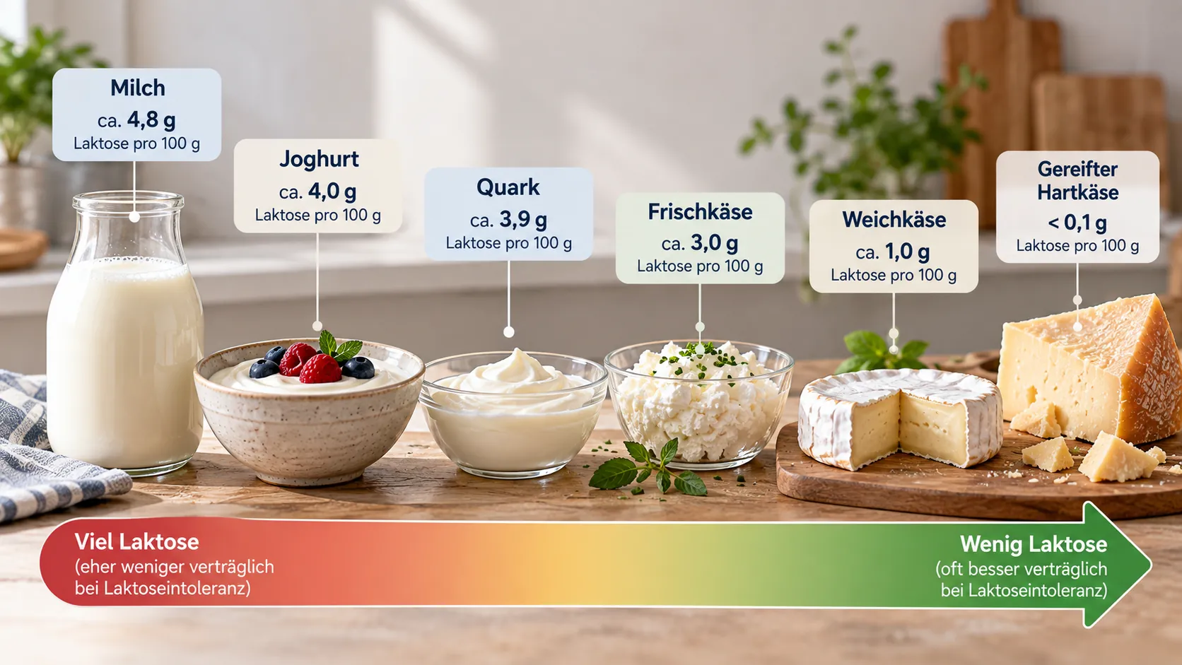 was ist Laktoseintoleranz: Vergleich verschiedener Milchprodukte mit unterschiedlichen Laktosemengen.
