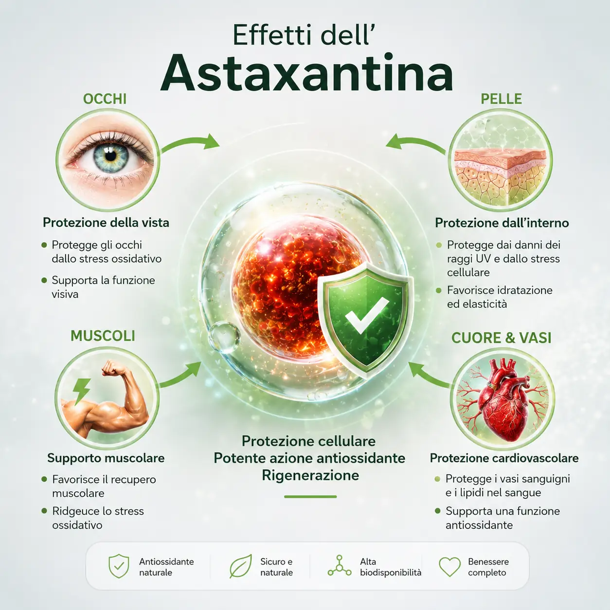Azione antiossidante e protettiva sulle cellule delle capsule di astaxantina