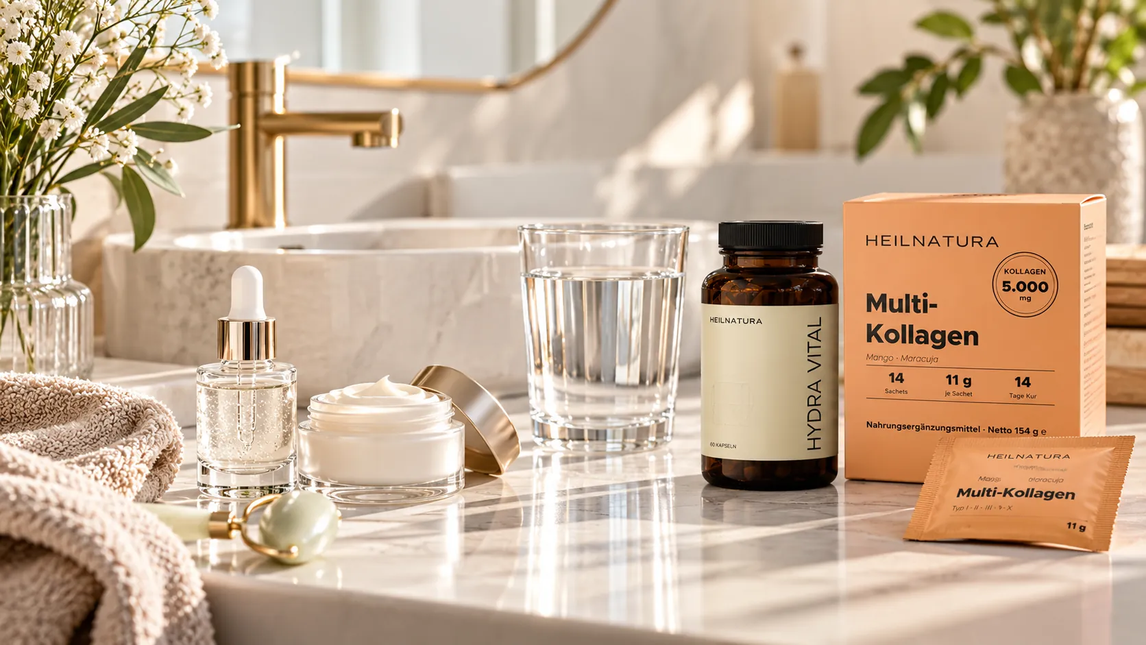 Hyaluron: Hochwertige Lifestyle-Aufnahme mit Hyaluron-Serum, Creme, Glas Wasser und Nahrungsergänzungsmittel auf hellem Waschtisch.