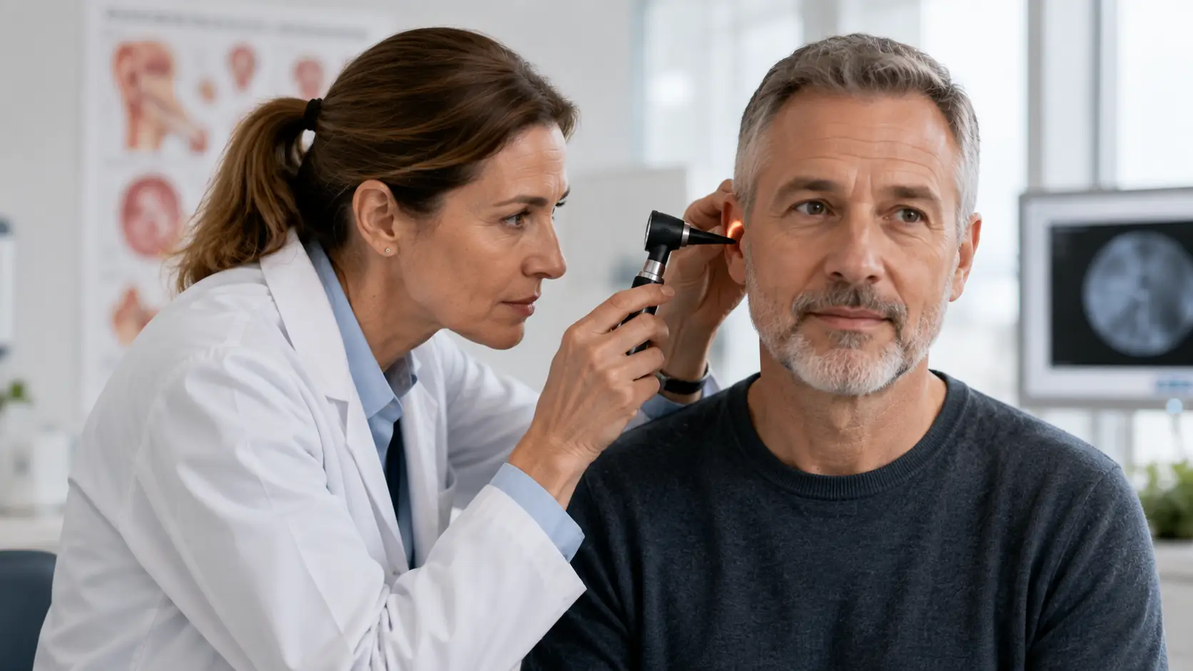 HNO-Ärztin untersucht das Ohr eines Patienten und berät zu Ginkgo Biloba bei Tinnitus