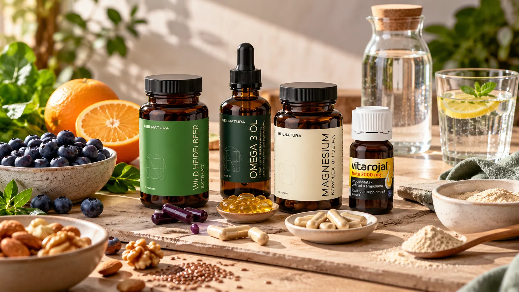 Nahrungsergänzungsmittel kaufen mit verschiedenen Heilnatura Produkten und unterschiedlichen Verpackungsformen