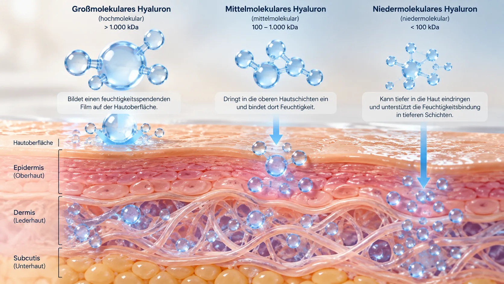 Wirkung von Hyaluronsäure: Verständliche Infografik mit unterschiedlich großen Hyaluronmolekülen und schematischer Hautdarstellung.