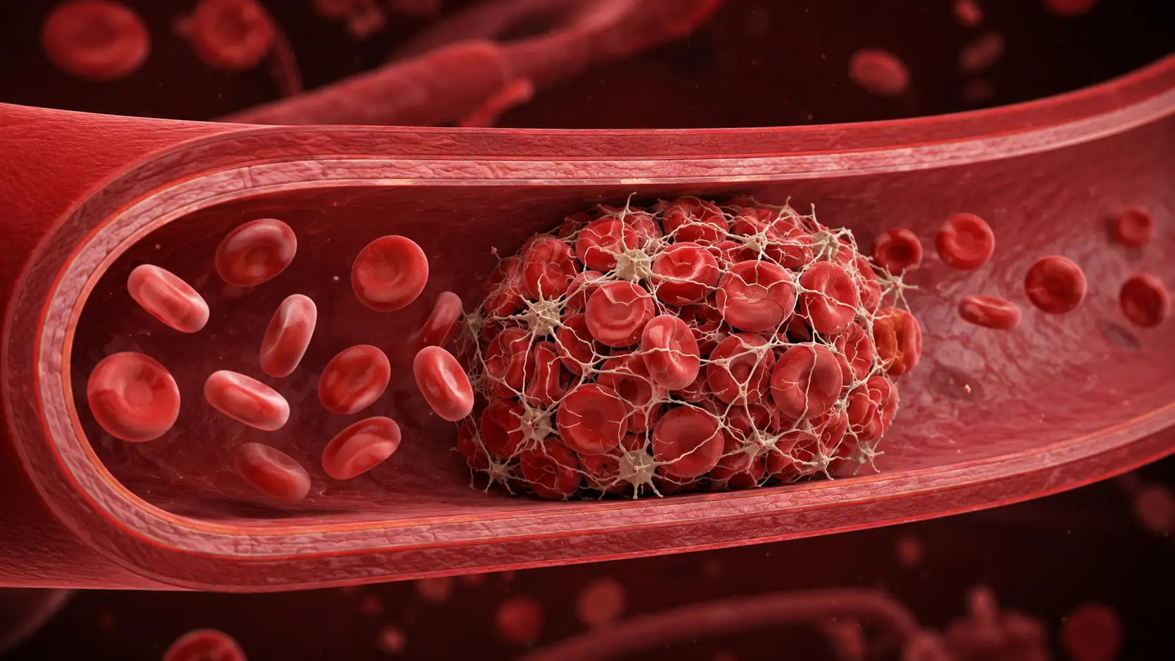 Medizinische Illustration roter Blutkörperchen und eines Blutgerinnsels in einem Blutgefäß für Nattokinase einfach erklärt