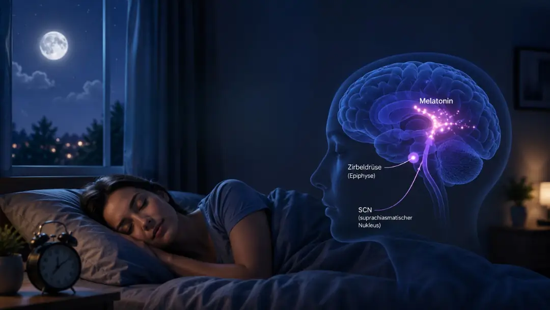 Schlafende Person im Bett bei sanftem Mondlicht mit symbolischer Darstellung des Schlafhormons zum Thema Melatonin einfach erklärt