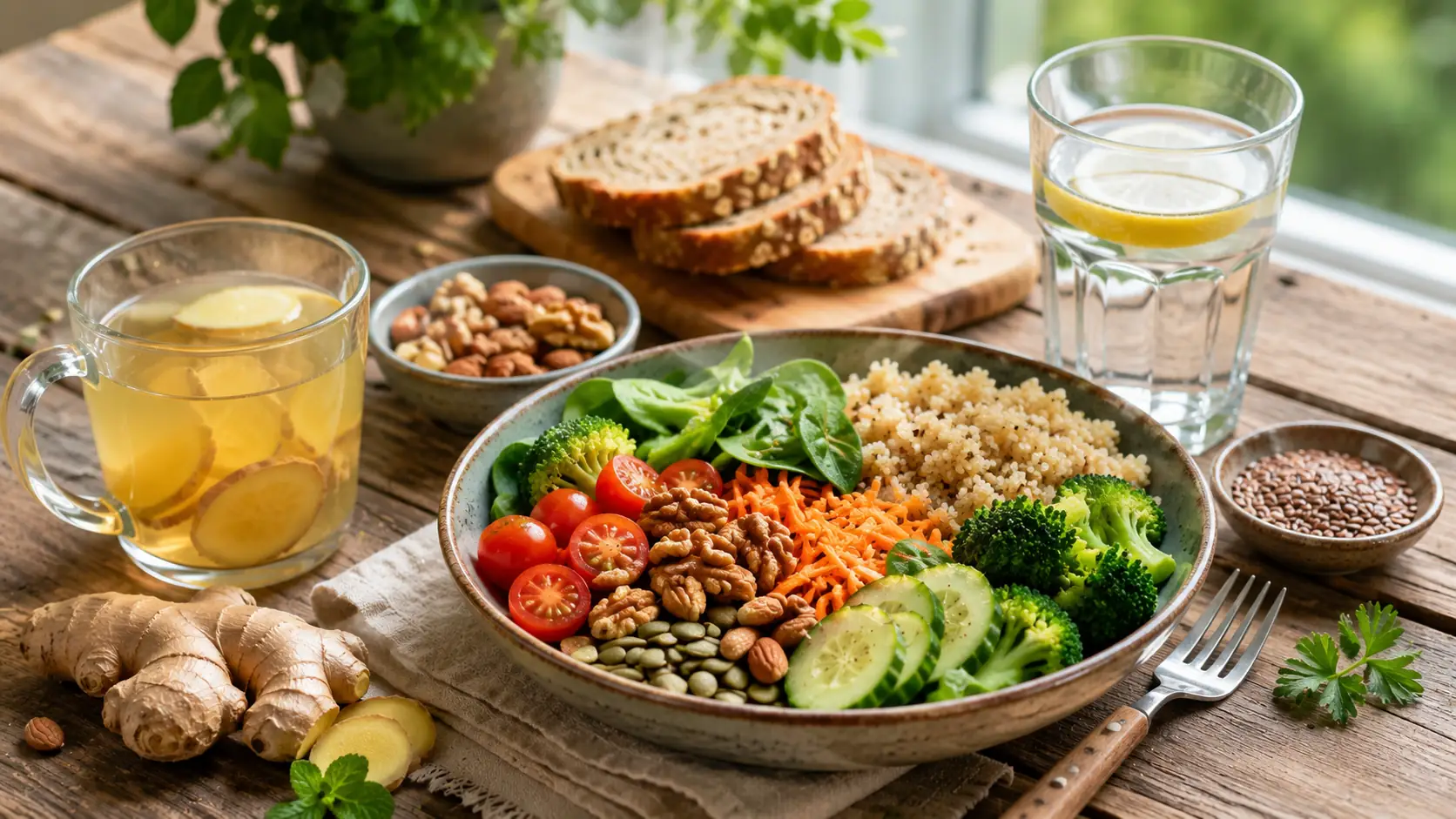 Gesunde Mahlzeit mit Vollkornprodukten, Nüssen, Gemüse und Ingwertee im Zusammenhang mit Hausmittel bei Tinnitus