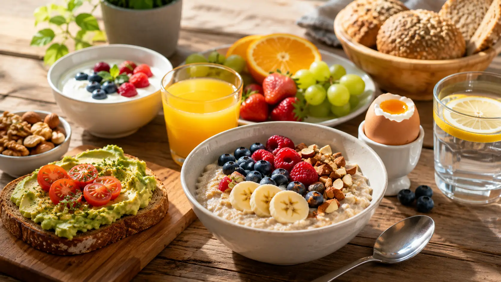 Was bei Müdigkeit hilft: Ausgewogenes Frühstück mit Obst, Vollkornprodukten, Wasser und vitaminreichen Lebensmitteln