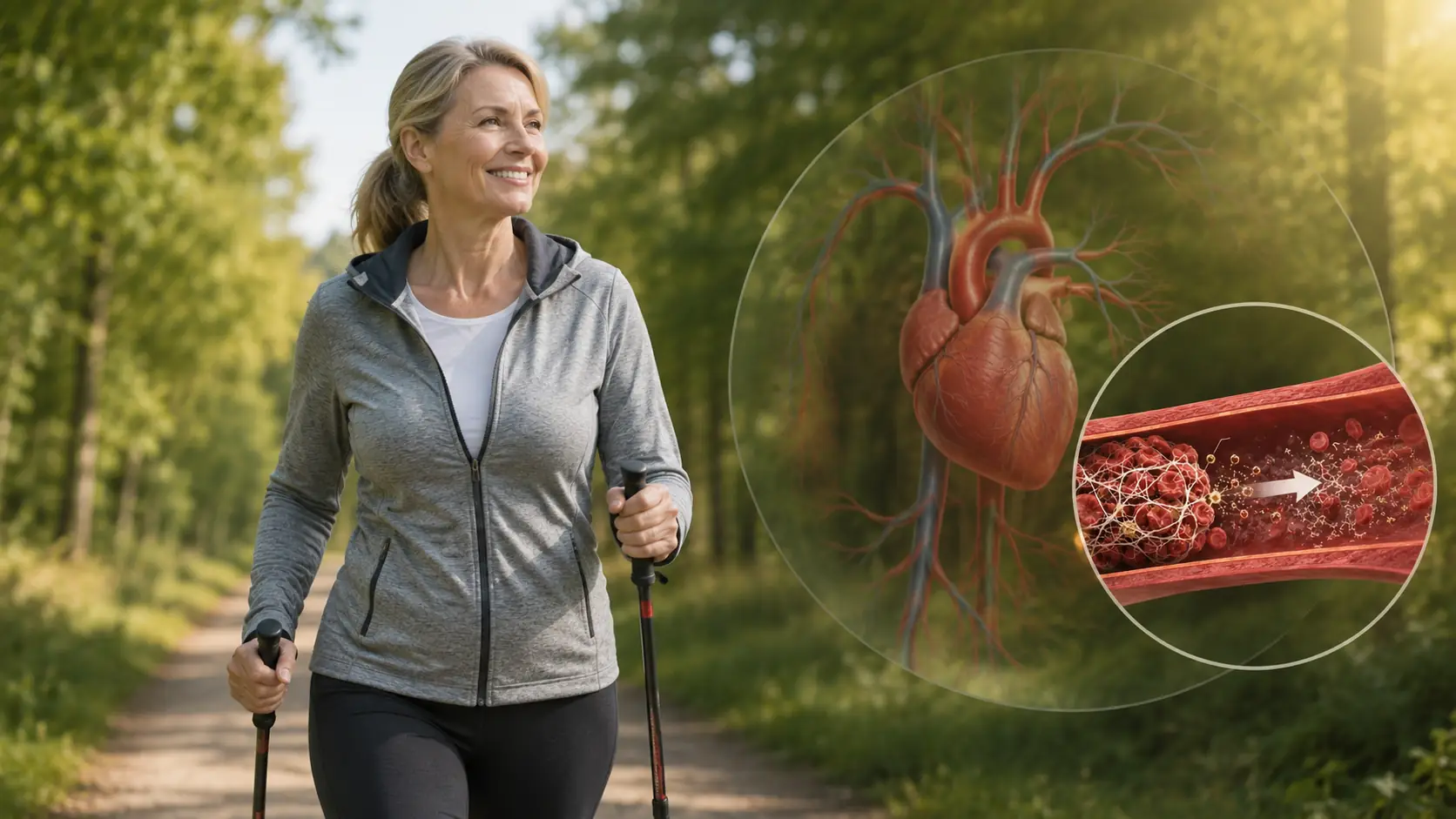 Person mittleren Alters beim Spaziergang mit dezent eingeblendeter Herz-Kreislauf-Grafik zu Nattokinase einfach erklärt