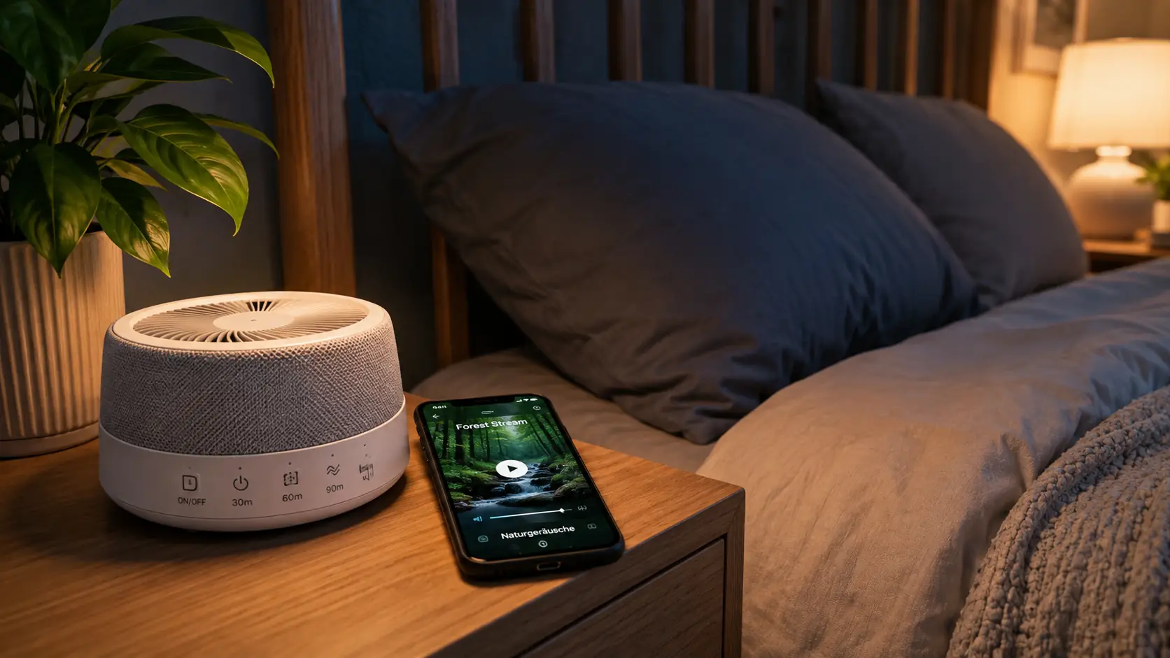 Schlafzimmer mit Soundmaschine und Naturgeräuschen als unterstützende Hausmittel bei Tinnitus