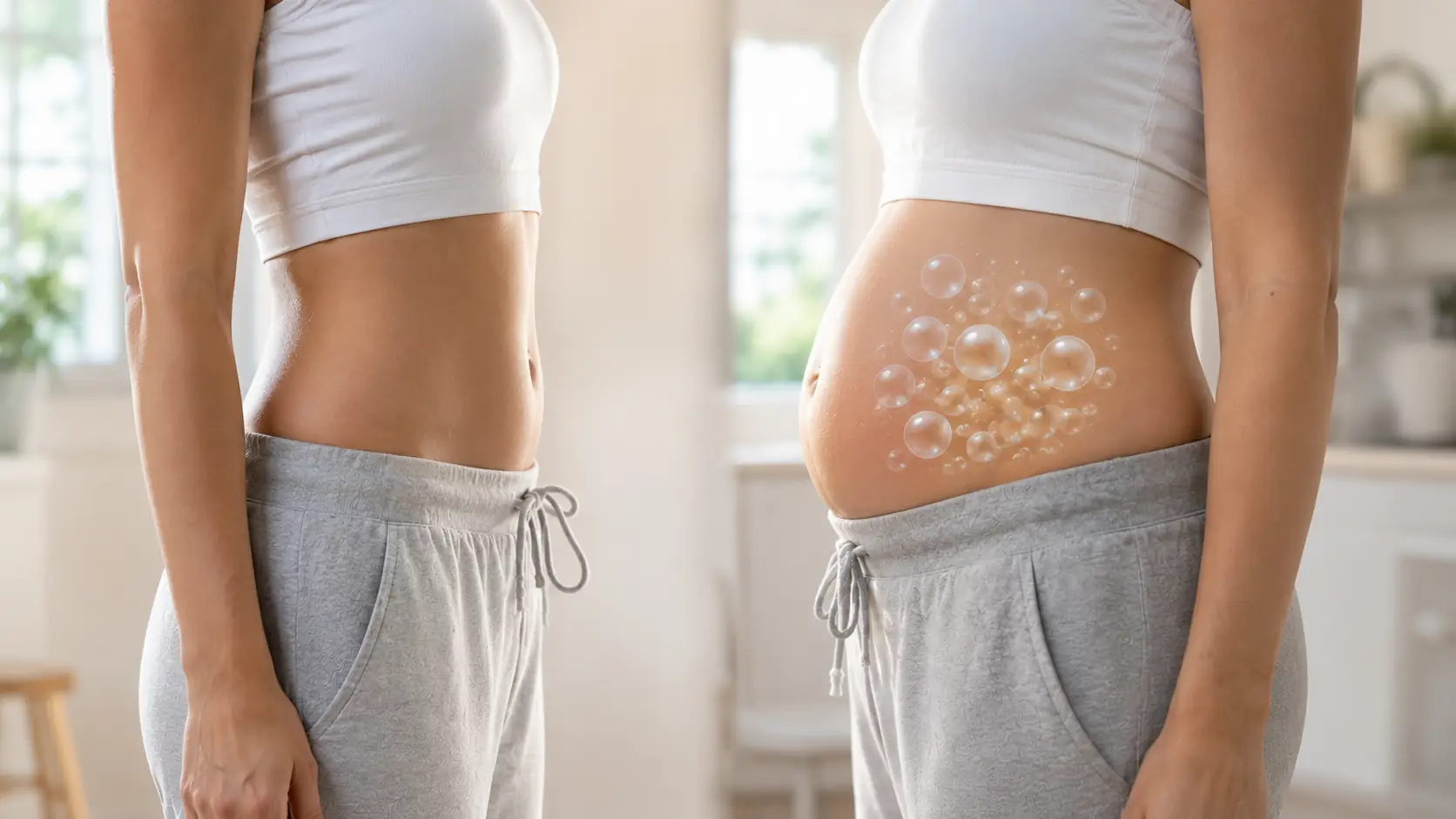 Vergleich zwischen normalem Bauch und Blähbauch mit Luftblasen im Bauchraum zum Thema Blähbauch loswerden
