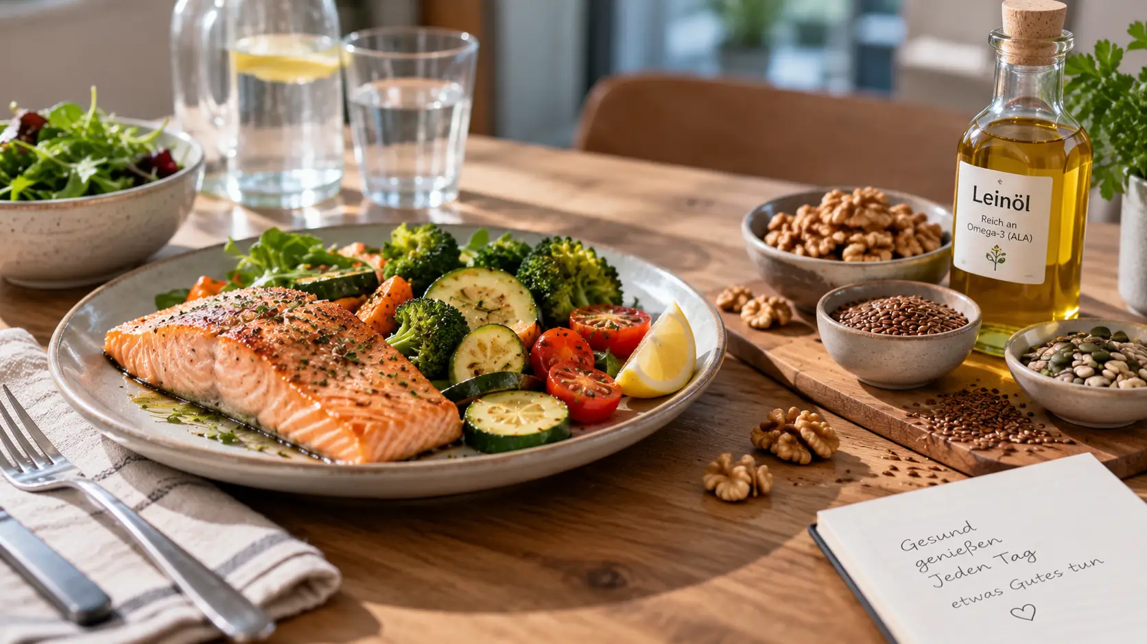 Omega 3 Mangel: Omega-3-reiche Mahlzeit mit Lachs, Gemüse, Leinöl, Walnüssen und Samen.