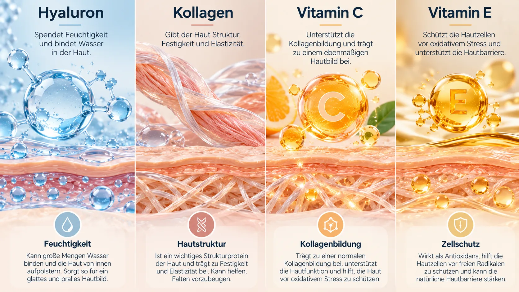 Wirkung von Hyaluronsäure: Übersichtliche Infografik mit Hyaluron, Kollagen, Vitamin C und Vitamin E sowie ihren unterschiedlichen Rollen.