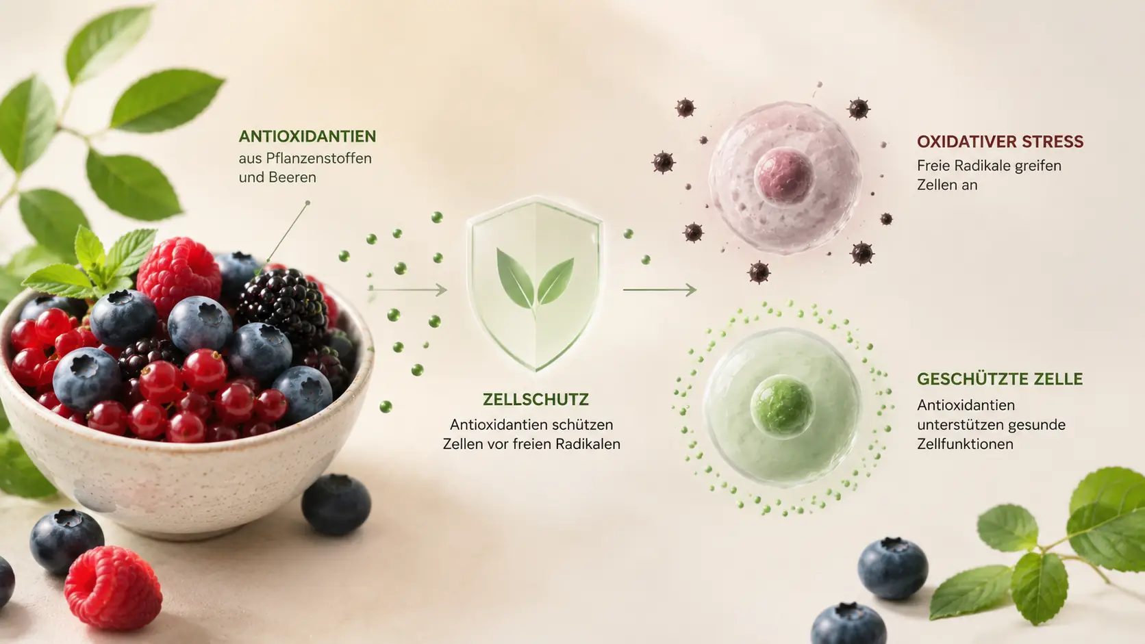 Symbolische Darstellung gesunder Körperzellen sowie antioxidativer Pflanzenstoffe und Beeren passend zu Nattokinase einfach erklärt