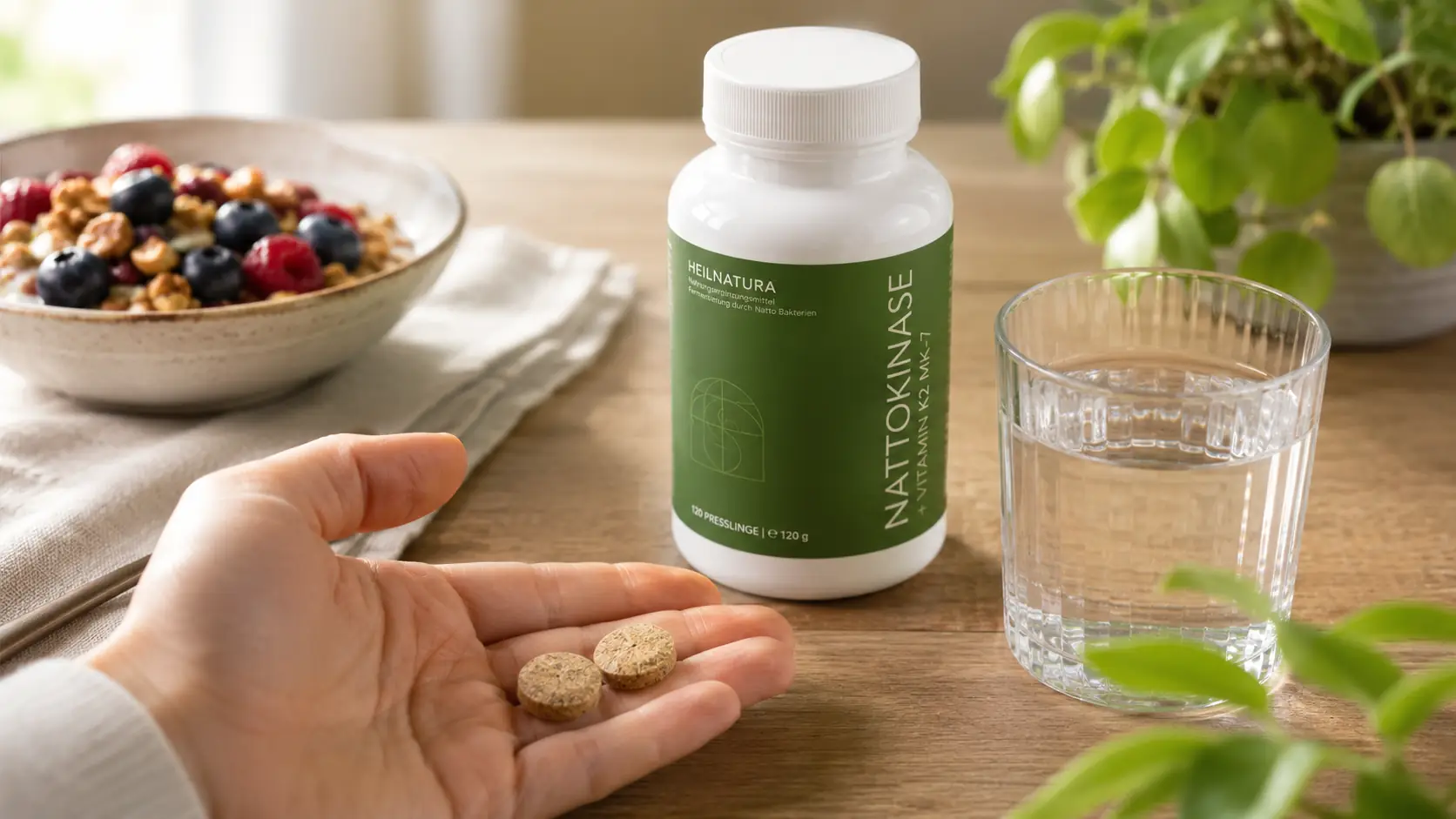 Hand mit zwei Nattokinase-Presslingen neben einem Glas Wasser auf dem Frühstückstisch zu Nattokinase einfach erklärt