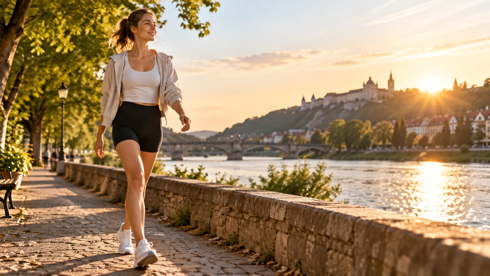 was hilft gegen schwere Beine: Positive Alltagsszene mit einer Person bei einem Spaziergang oder einer kurzen Bewegungspause nach Feierabend.