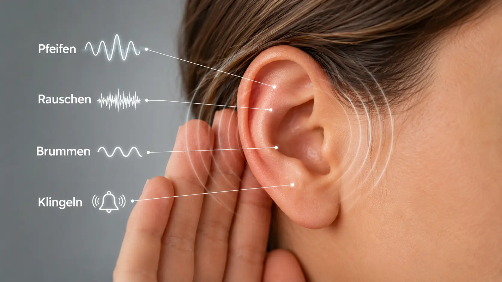 Illustration eines Ohrs mit Pfeifen, Rauschen, Brummen und Klingeln als typische Tinnitus Symptome
