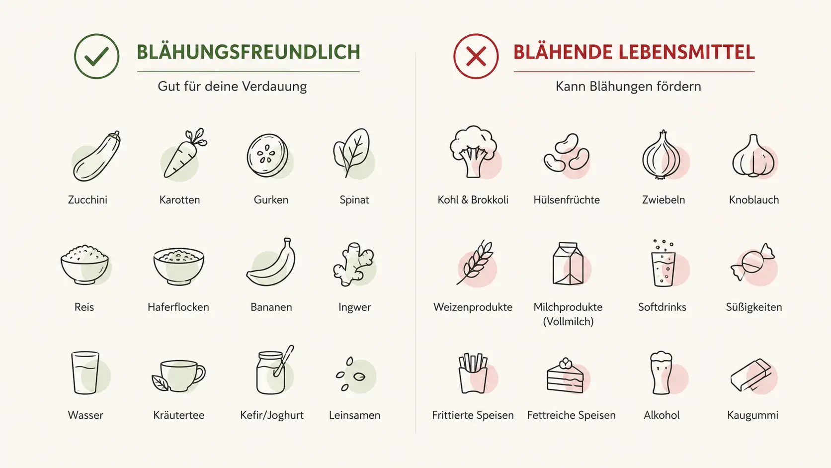 Vergleich von gut verträglichen und blähenden Lebensmitteln zur Unterstützung beim Blähbauch loswerden
