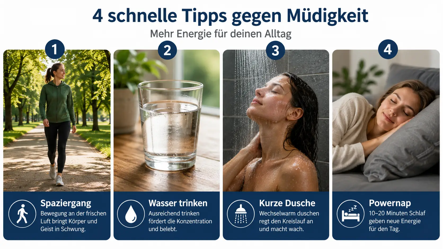 Tipps gegen Müdigkeit: Vier Alltagstipps mit Spaziergang, Glas Wasser, kurzer Dusche und Powernap