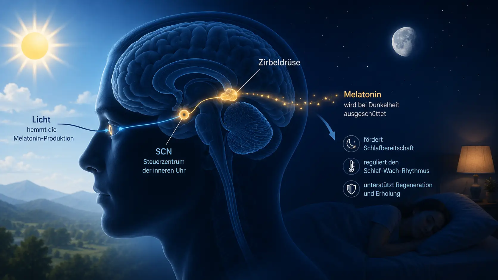 Illustration der Zirbeldrüse mit Tag-Nacht-Wechsel zur Veranschaulichung von Melatonin einfach erklärt