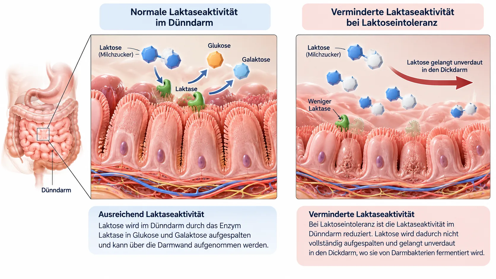 Laktoseintoleranz: Medizinische Illustration einer Dünndarmschleimhaut mit verminderter Laktaseaktivität.