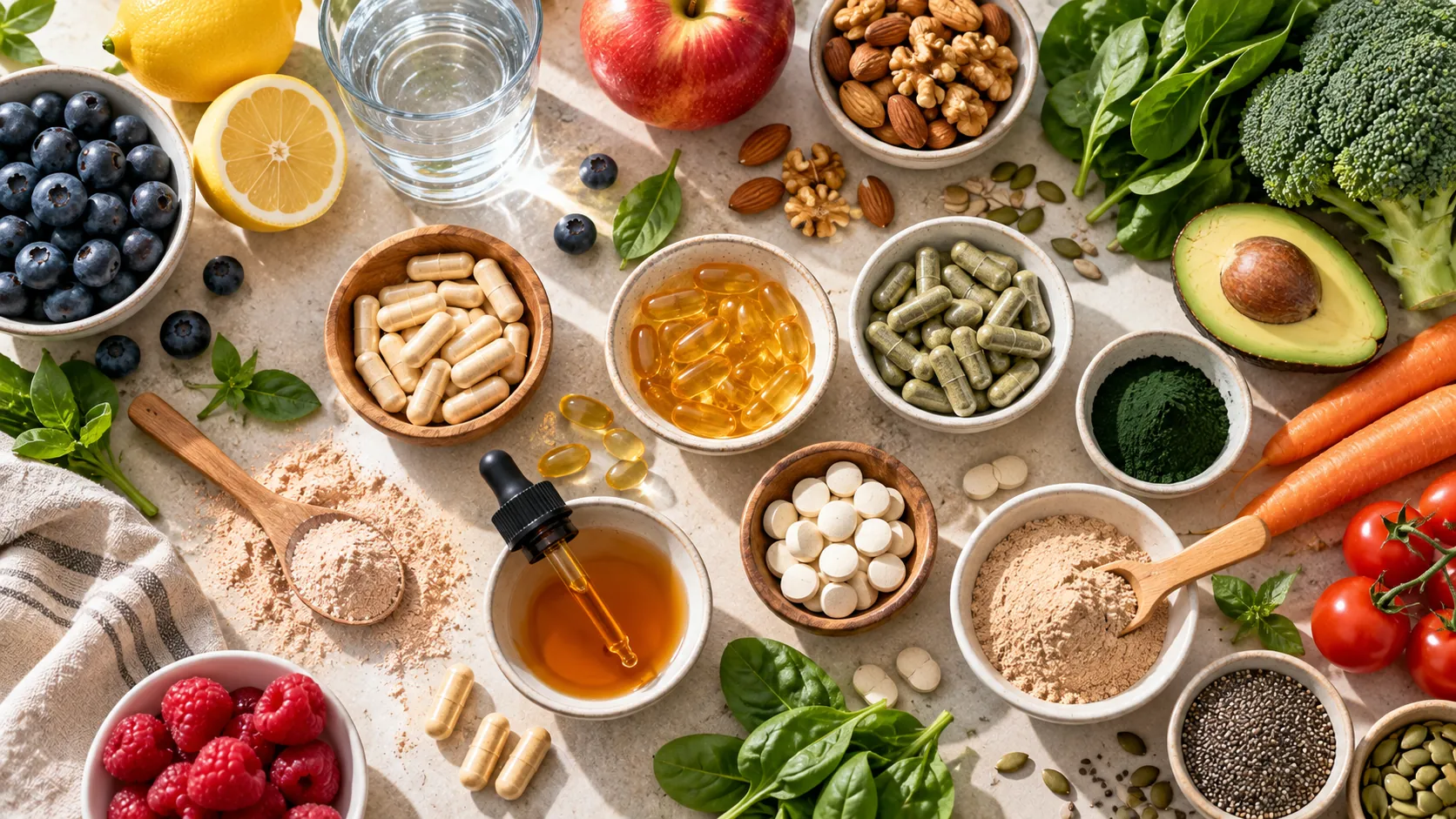 welche Nahrungsergänzungsmittel sind sinnvoll: Übersichtliche Flatlay-Komposition mit Kapseln, Tabletten, Tropfen und Pulver.