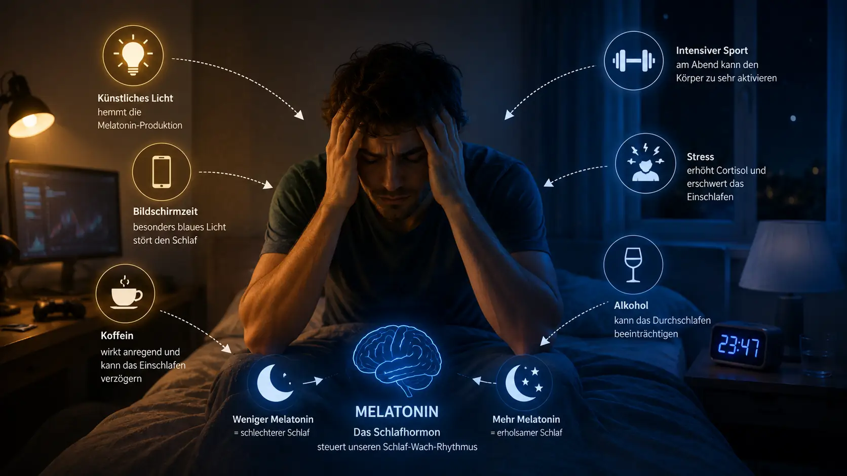 Symbole für Stress, Licht, Sport, Smartphone und Kaffee zeigen Einflüsse auf den Schlaf bei Melatonin einfach erklärt