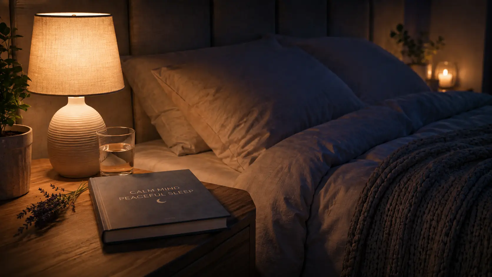 Ruhiges Schlafzimmer mit gedimmtem Licht und entspannter Atmosphäre als Teil der Hausmittel bei Tinnitus