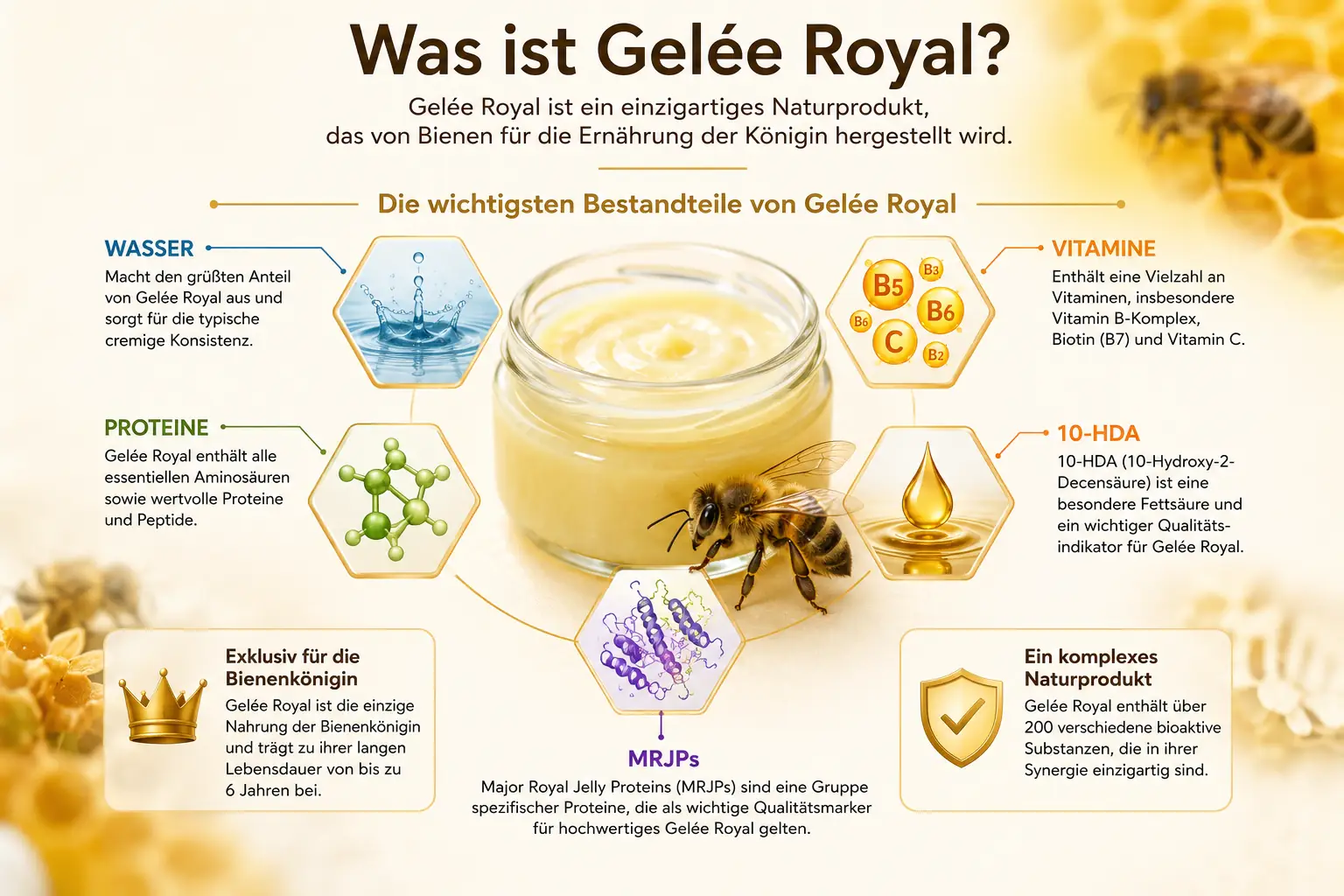 Infografik mit Wasser, Proteinen, Vitaminen, MRJPs und 10-HDA zur Zusammensetzung und Gelée Royal Wirkung