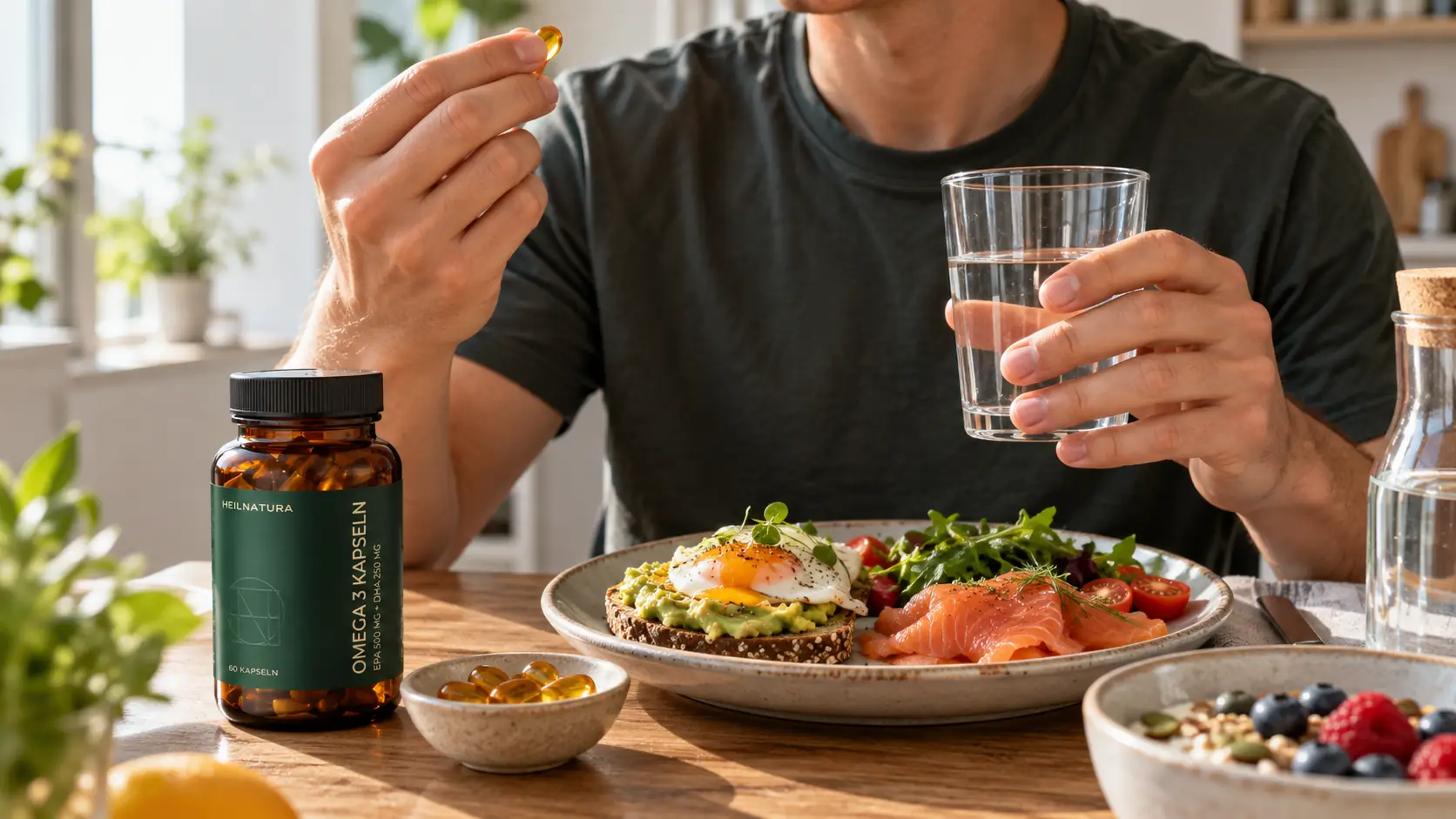 wann Omega 3 einnehmen: Person nimmt Omega-3-Kapseln zusammen mit einer Mahlzeit und einem Glas Wasser ein.