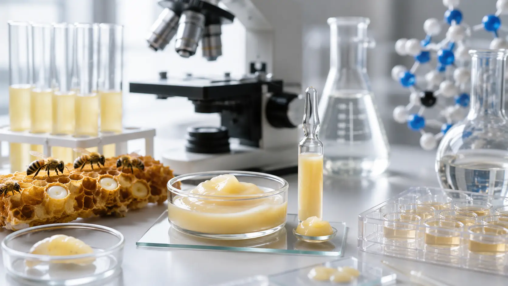 Gelée Royal mit Mikroskop, wissenschaftlichen Studien und Trinkampulle zum aktuellen Forschungsstand zur Wirkung von Gelée Royal