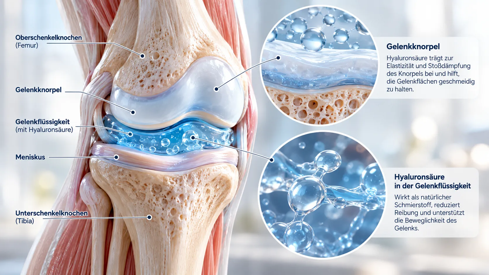 was ist Hyaluron: Medizinische Illustration eines Kniegelenks mit Gelenkflüssigkeit, Knorpel und Hyaluronsäure.