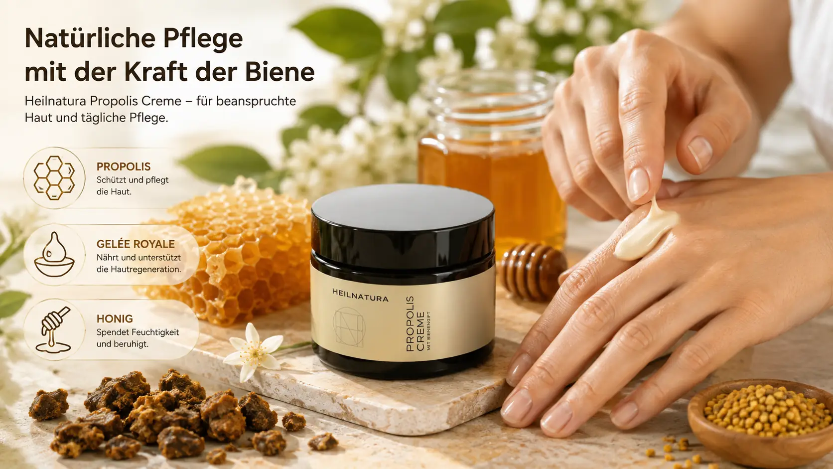 Propolis-Creme mit natürlichen Bienenprodukten in einer kosmetischen Anwendungsszene im Zusammenhang mit der Wirkung von Gelée Royal