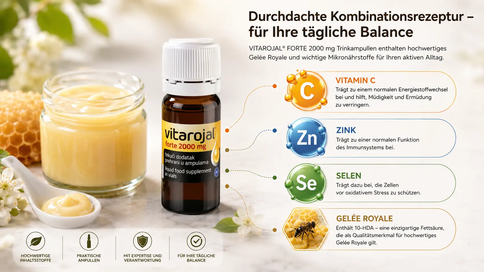Gelée-Royal-Trinkampulle mit Vitamin C, Zink und Selen als Kombinationsrezeptur zum Thema Gelée Royal Wirkung