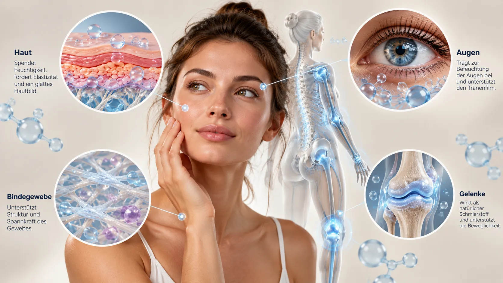 was ist Hyaluron: Moderne medizinische Illustration zu Haut, Bindegewebe, Augen und Gelenken als Vorkommen von Hyaluronsäure