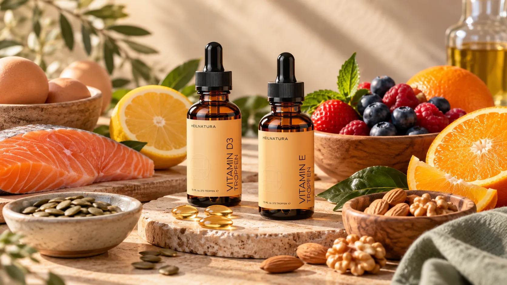 Nahrungsergänzungsmittel kaufen mit Vitamin-D-Tropfen, Vitamin-E-Produkt, Zitrusfrüchten und Beeren