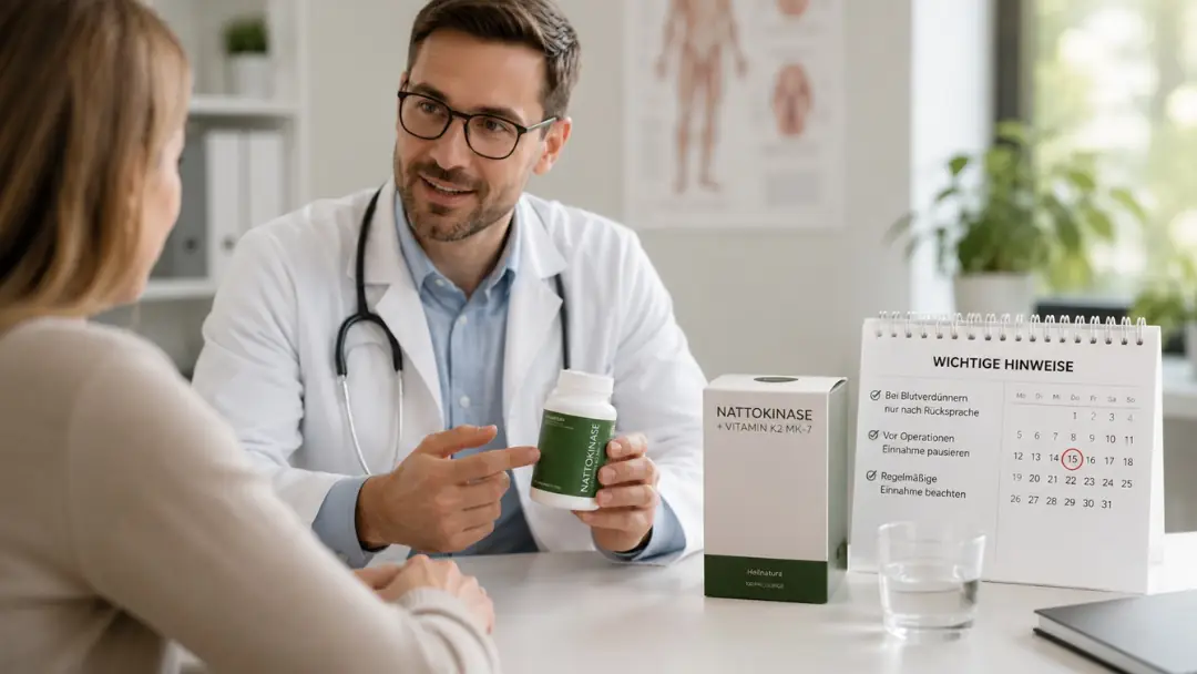 Arzt oder Apotheker im Beratungsgespräch mit Medikamentenpackung und Kalender als Hinweis auf Vorsichtsmaßnahmen bei Nattokinase einfach erklärt