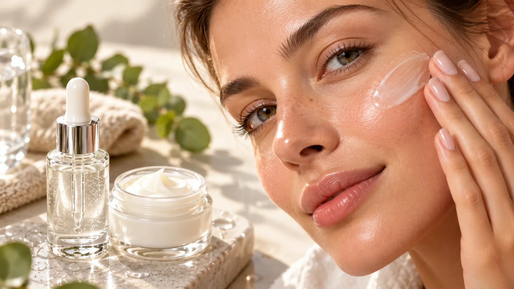 ist Hyaluron gut für die Haut: Nahaufnahme gepflegter, gut durchfeuchteter Gesichtshaut mit Hyaluron-Serum oder Creme.